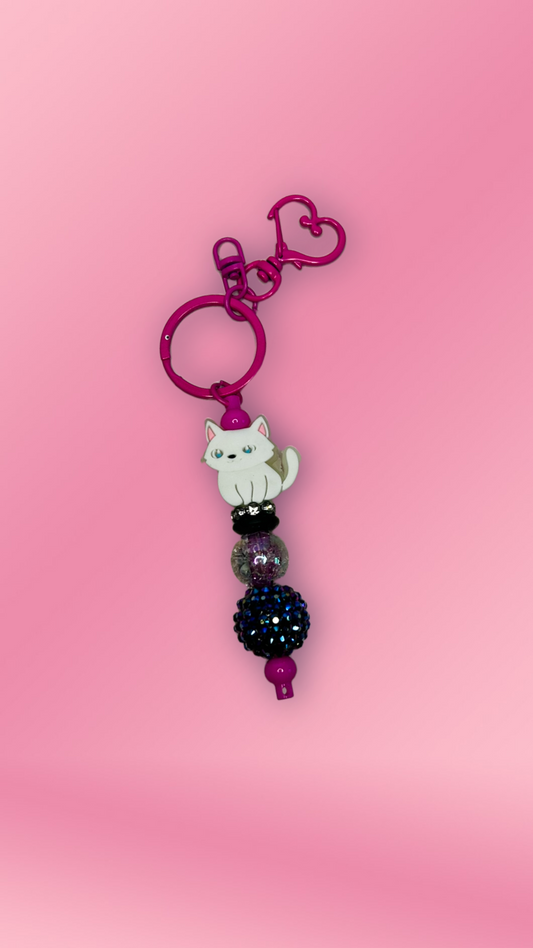 White cat beaded keychain